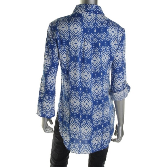 Felicite Blue/White Printed Hi-Lo SZ L Blouse - Picture 3 of 3